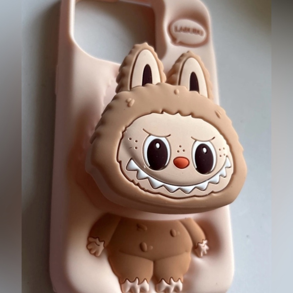 Cute Pink Labubu iPhone 16 Pro Case Soft Silicone With Pop-Socket